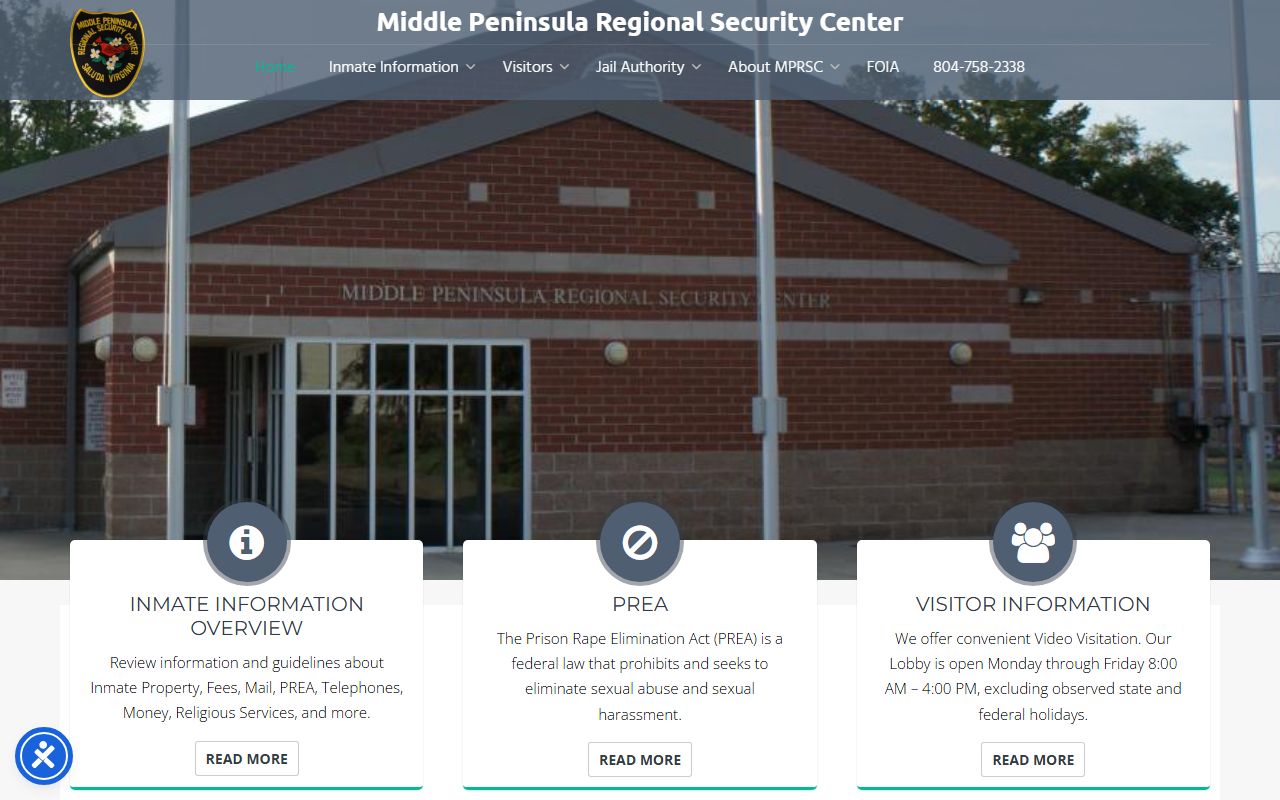 Middle Peninsula Regional Security Center homepage for Essex County inmate population
