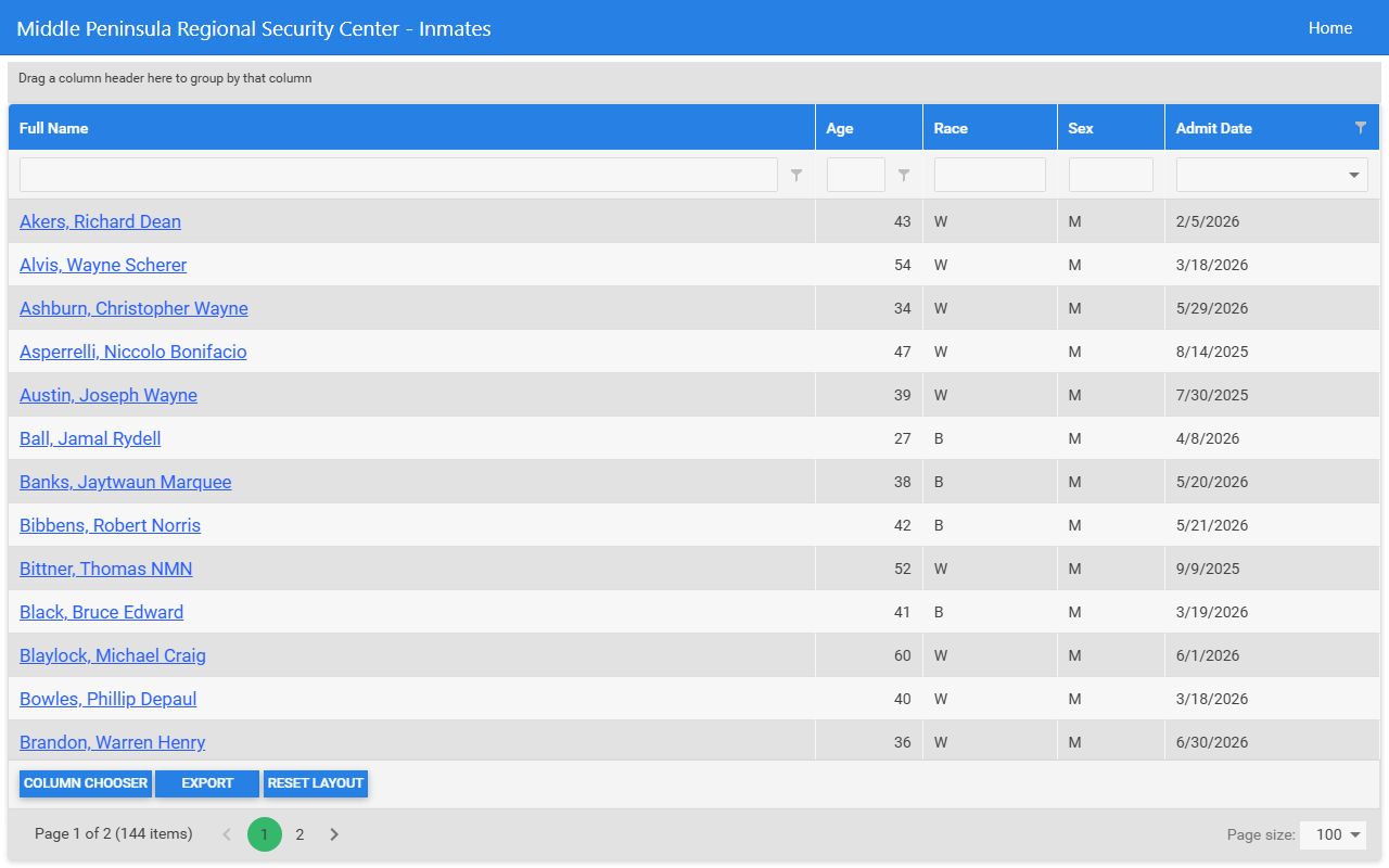 MPRSC inmate grid for Essex County jail roster lookup
