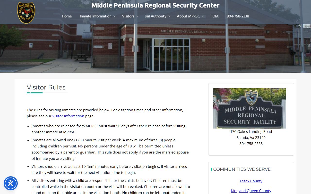 Middle Peninsula Regional Security Center visitation rules for Essex County inmates